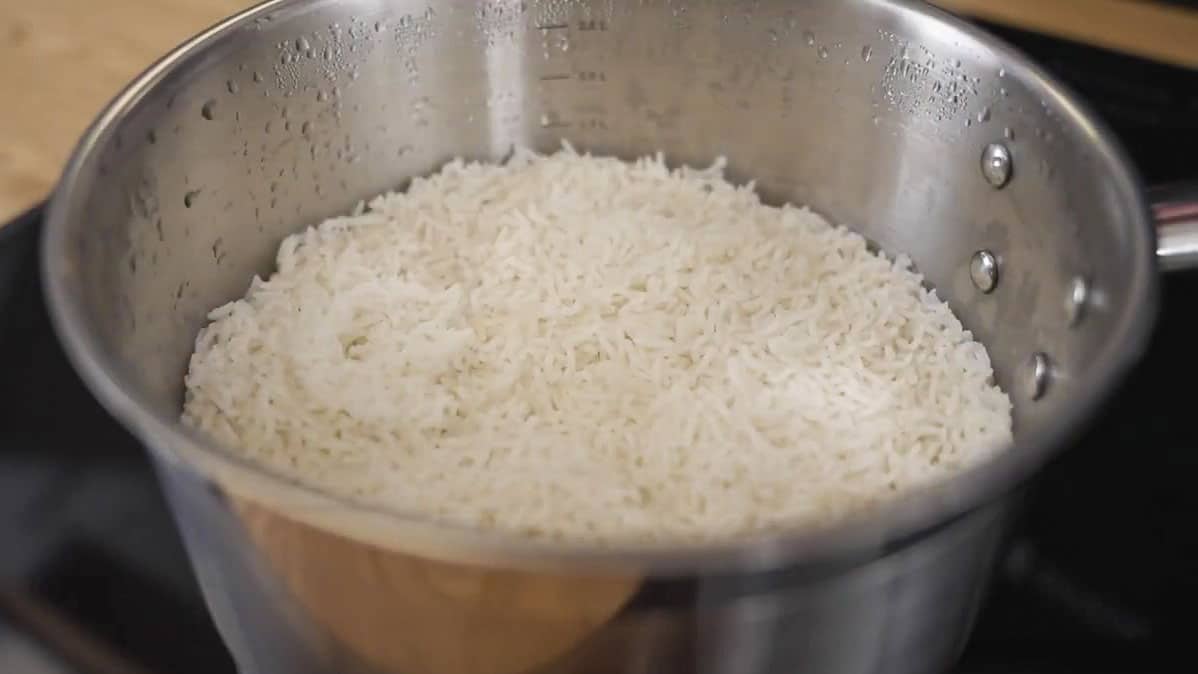 Cooked rice in a pot
