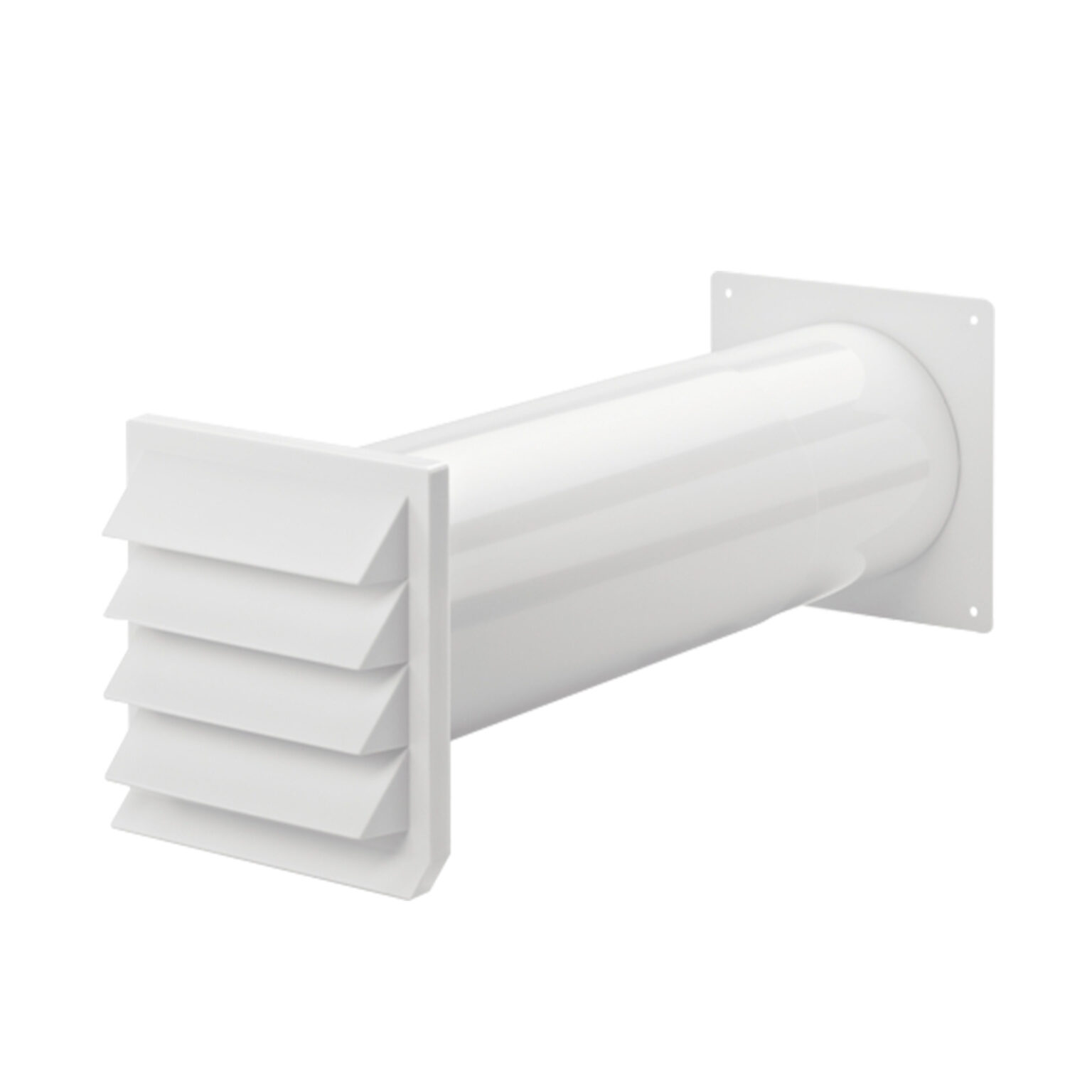 Wall duct complete with backdraft damper, white plastic
